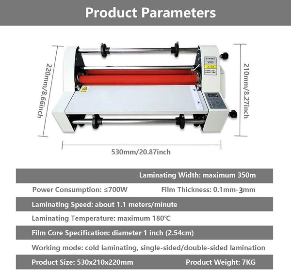 V350 Laminating Machine Hot Cold Roll Laminator Single/Dual Sided & 200m Film