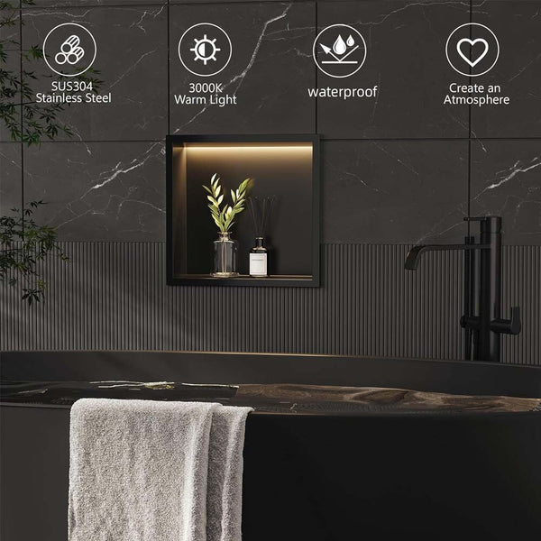 Stainless Steel Shower Niche 320x320mm Singel Shelf Wall-inserted Niche w/ Light