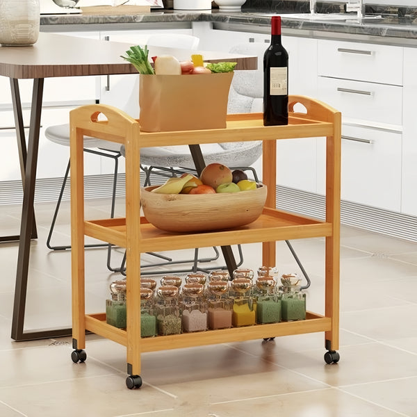 Solid Wood 3 Tier Shelf Serving Table with Wheels Bar Cart Kitchen Storage Cart