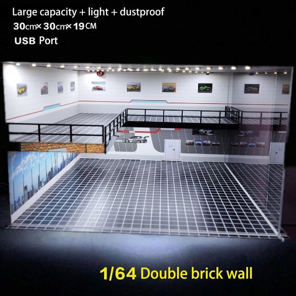 1:64 Scale Diorama Car Garage Model LED Lighting Vehicle Garage Parking Gift
