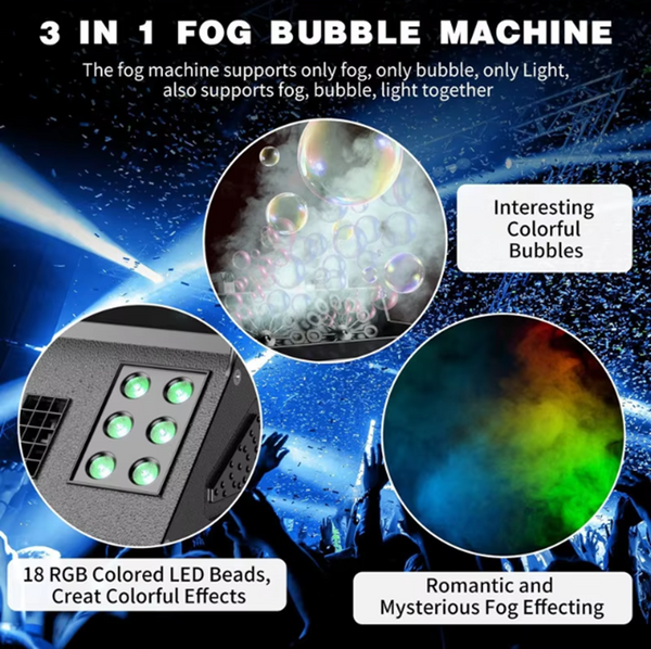 3 IN 1 Smoke Fog Bubble Machine LED Stage DJ Light Fogger DMX512 Remote Control