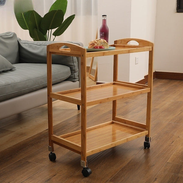 Solid Wood 3 Tier Shelf Serving Table with Wheels Bar Cart Kitchen Storage Cart