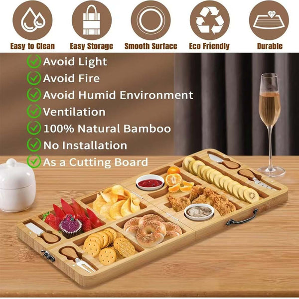 Bamboo Cheese Cutting Board Knife Gift Set Wooden Snack Serving Tray Foldable