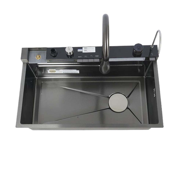 Kitchen Sink Single Bowl Basin Stainless Steel Bar w/Digital Faucet & Cup Washer