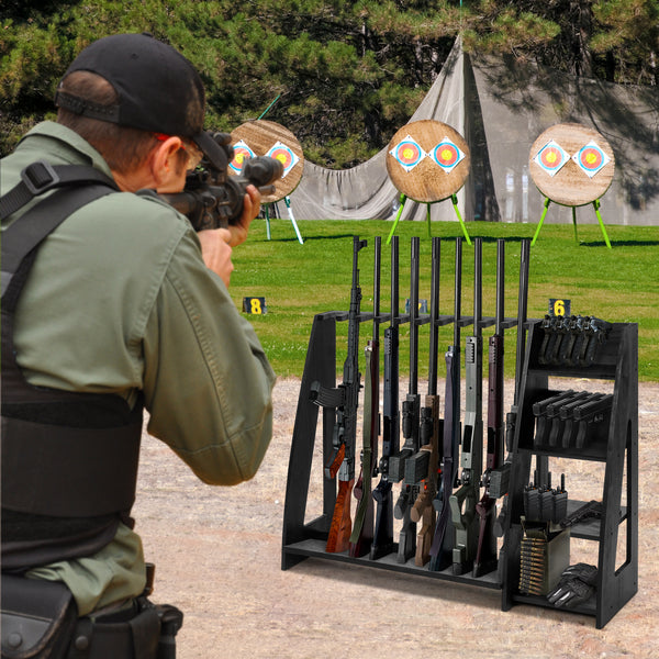 10-Slot Standing Rifle Gun Rack Shotgun Firearm Home Storage Display Wooden Rack