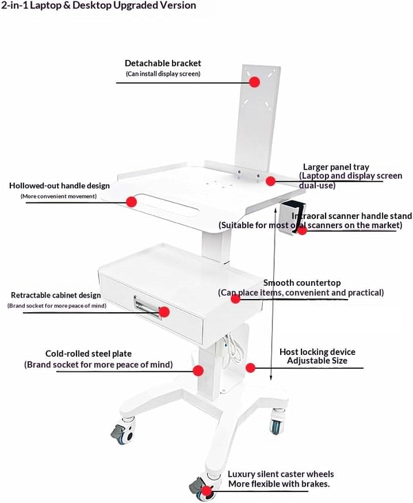 Rolling Dental Lab Trolley Cart With Drawer Intraoral Scanner Clinic Laptop Rack