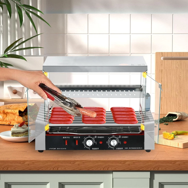 Electric Hot Dog Roller 7 Rollers Sausage Hot Dog Grill Toaster w/Glass Cover