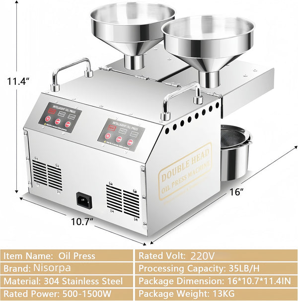 Electric Oil Press Machine 1500W Double Outlets Stainless Steel Oil Expeller AU