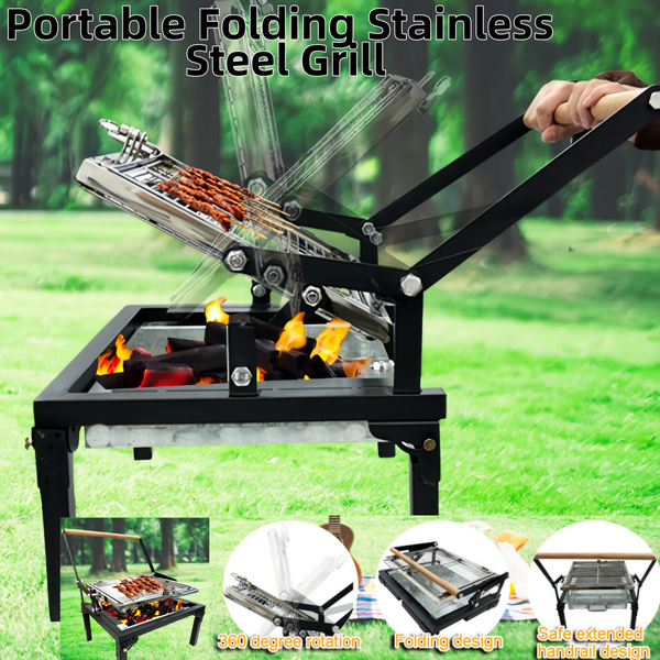 Portable 360°Rotating Charcoal Grill with Flipping Basket Folding Barbecue Grill