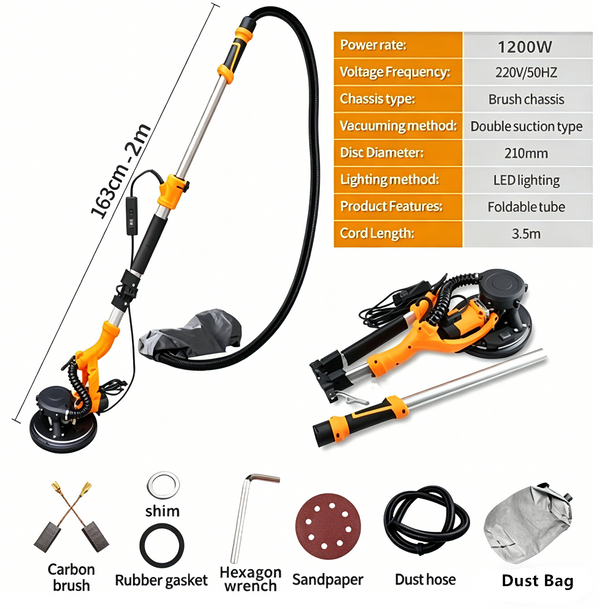 1200W Electric Drywall Sander Foldable Dust Free Wall Sander with Vacuum Bag