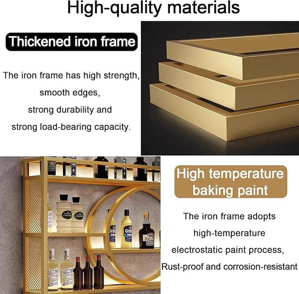 3-Tier Metal Wine Rack w/LED Light Wine Bottle Shelf For Home Bar Display 1.2m