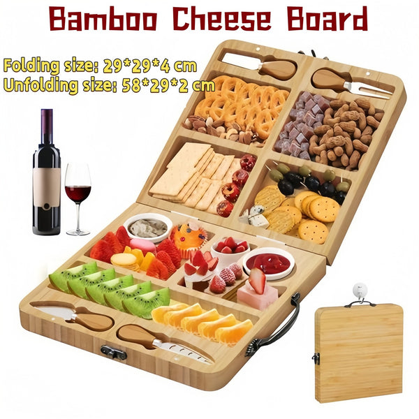 Bamboo Cheese Cutting Board Knife Gift Set Wooden Snack Serving Tray Foldable