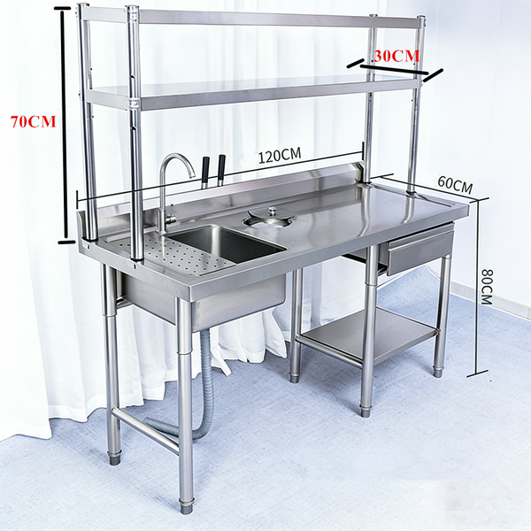 Stainless Steel Sink Kitchen Work Benches Table Washing Basin with Drawer & Rack
