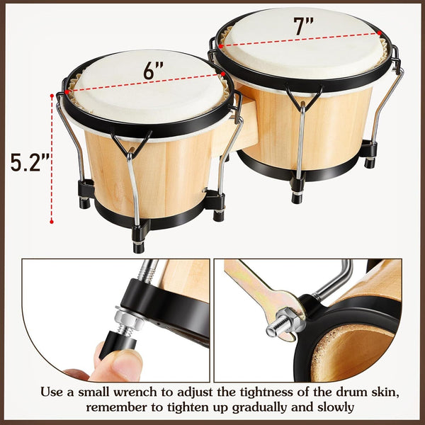 Bongo Drums 6”7” Wood Percussion Bongos for Kids Adults Beginners Natural Finish