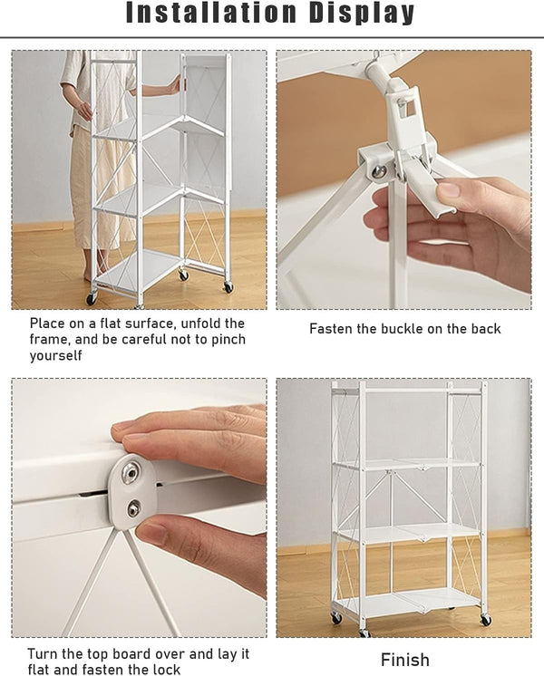 4Tier Folding Shelf with Wheel Storage Rack Cart for Kitchen Pantry Laundry Room