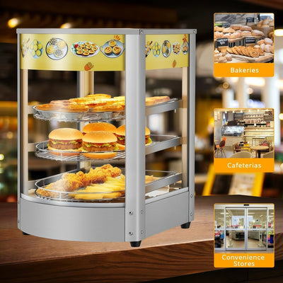 3-Tier Commercial Food Warmer Display 30-80℃ Hot Dog Pizza Showcase Cabinet 800W