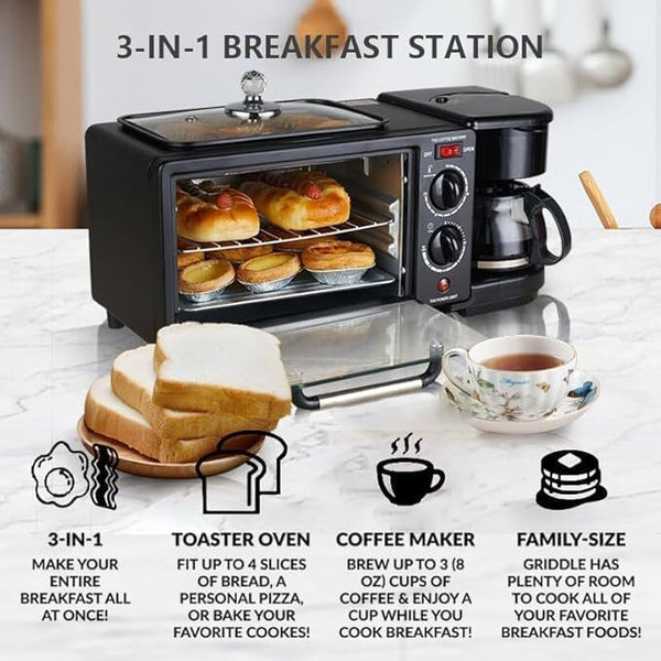 3-in-1 Breakfast Station Includes Coffee Maker Non-Stick Griddle Toaster Oven