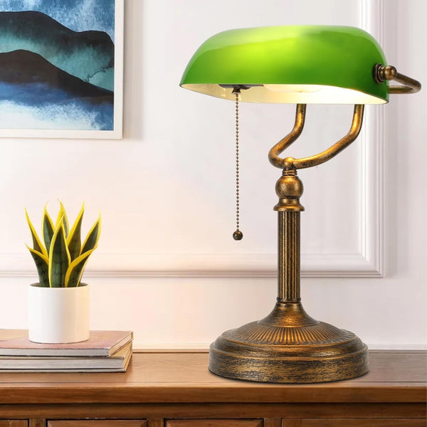 Classical Banker Desk Lamp Pull Chain Switch Green Glass Light Home Deco AU Plug