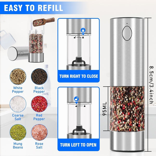 2pcs Electric Salt And Pepper Grinder Set Rechargeable Auto Mill w/Charging Base