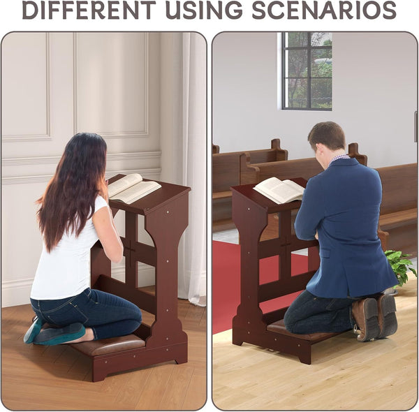 Wood Prayer Bench Stool Kneeler with Shelf and Cushion Church Prayer Table Chair