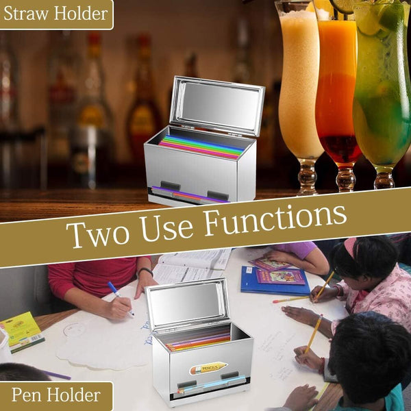 Straw Dispenser Holder Storage Stainless Steel Pencil Box for School Bar Kitchen
