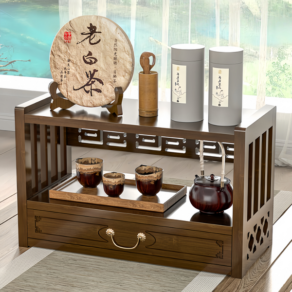 2-Tier Meditation Altar Table with Drawers 100% Bamboo Furniture for Displaying