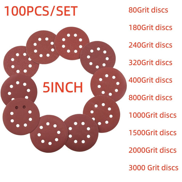 100pcs Sanding Discs 5 Inch 8 Hole Sanding Discs Grits 80 -3000 Sanding Pad