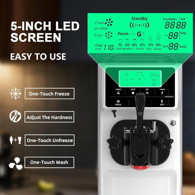 Commercial Ice Cream Machine 16L/H 1200W Countertop Soft Serve Maker LED Display