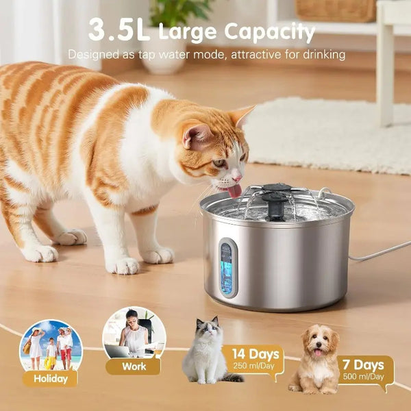 3.2L Pet Stainless Steel Water Fountain Dog Cat Drinking Dispenser Filter Feeder