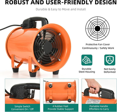12'' Pipe Axial Fan Portable w/ 5m Hose&Handle Exhaust Fan for Spray Booth Paint
