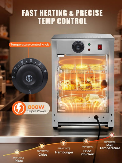 3-Tier Commercial Food Warmer Display 30-80℃ Hot Dog Pizza Showcase Cabinet 800W