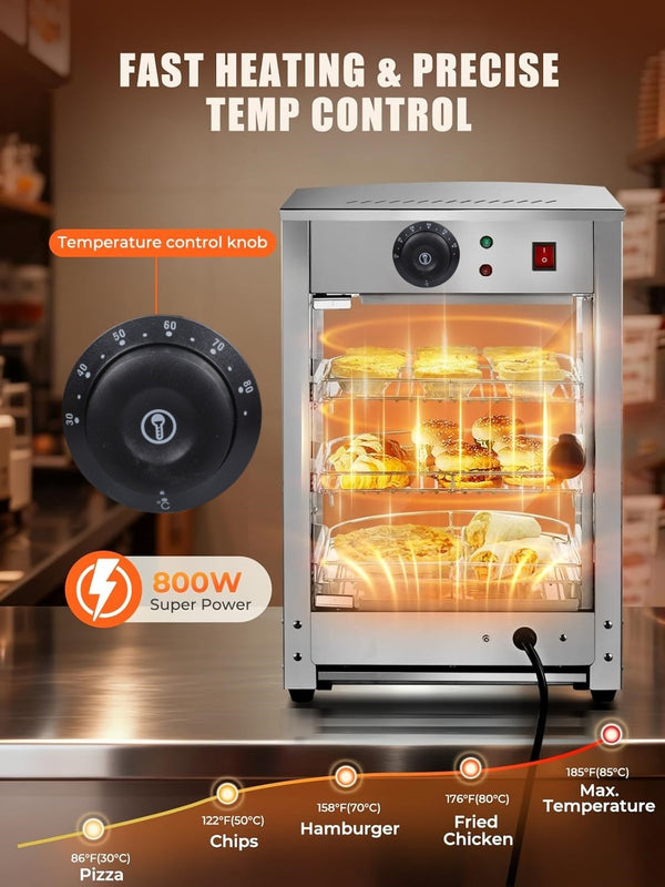 3-Tier Commercial Food Warmer Display 30-80℃ Hot Dog Pizza Showcase Cabinet 800W