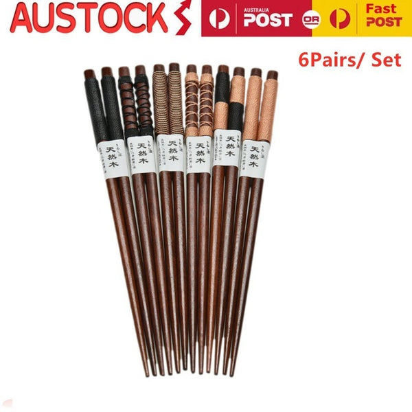 6 Pairs Natural Wood Chopsticks Handmade Chestnut Chopsticks Set Tableware Gift