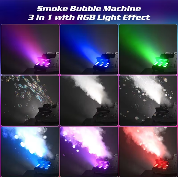 3 IN 1 Smoke Fog Bubble Machine LED Stage DJ Light Fogger DMX512 Remote Control