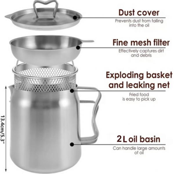 2L Stainless Steel Oil Filter Pot Deep Fryer Pot Oil Tank Kettle for Oil Storage
