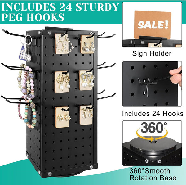 Metal Pegboard Display Rack Spinning Jewelry Earring Display Stand W/ 24x Hooks