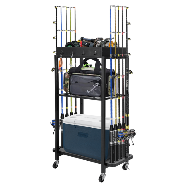10-Rod Fishing Rod Holder Storage Rack with Wheels Fishing Pole Stand For Garage