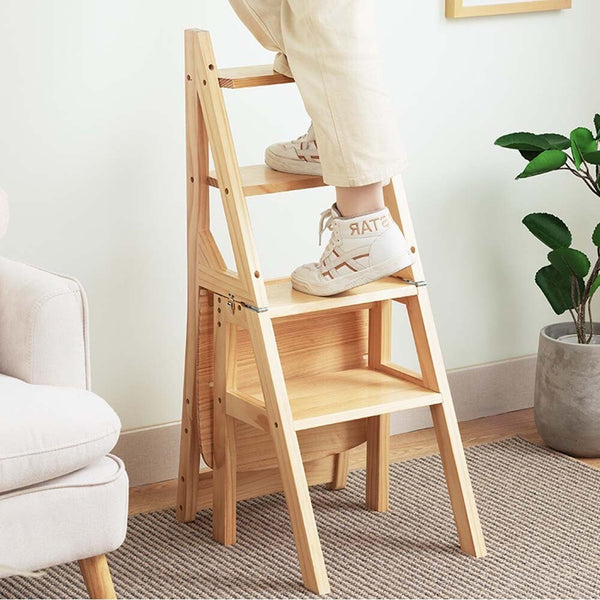 4in1Wooden Folding Library Ladder Chair Multifunctional Step Stool Display Stand