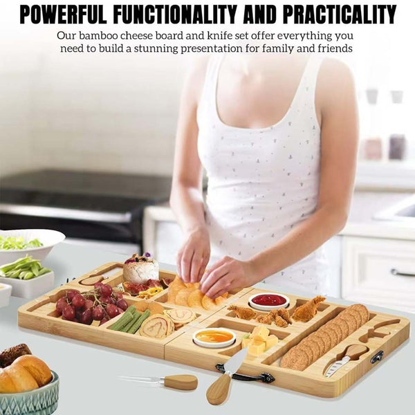 Bamboo Cheese Cutting Board Knife Gift Set Wooden Snack Serving Tray Foldable