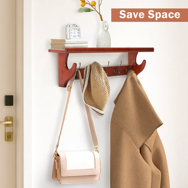 5 Hooks Wall Mounted Coat Rack Wooden Vintage Entryway Hat Clothes Organizer