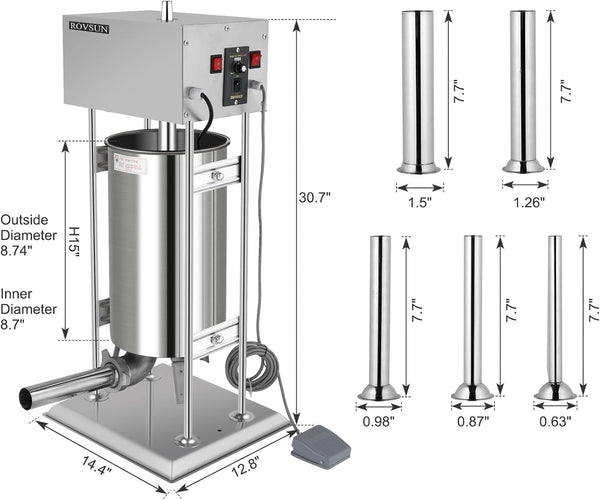 15L Electric Sausage Filler 5 Nozzles Sausage Maker Meat Stuffer Stainless Steel