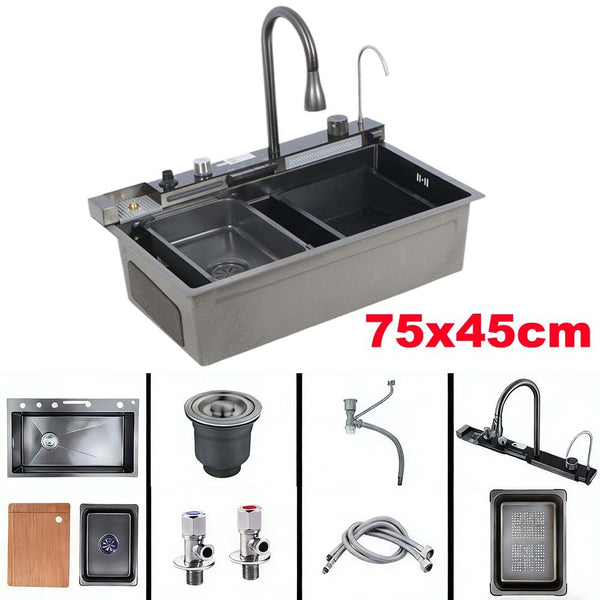 Kitchen Sink Single Bowl Basin Stainless Steel Bar w/Digital Faucet & Cup Washer