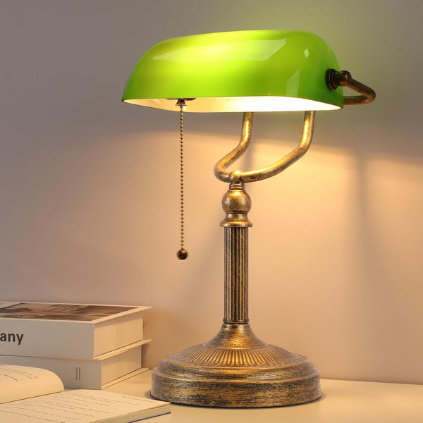 Classical Banker Desk Lamp Pull Chain Switch Green Glass Light Home Deco AU Plug