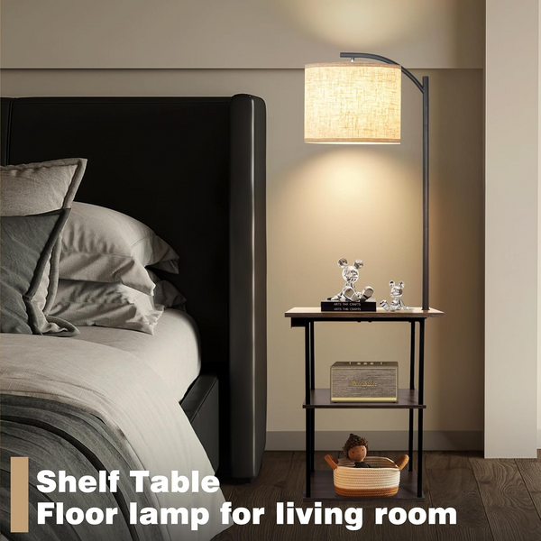 Standing End Side Table Floor Lamp 3-Tier Storage Shelves with Charging Station
