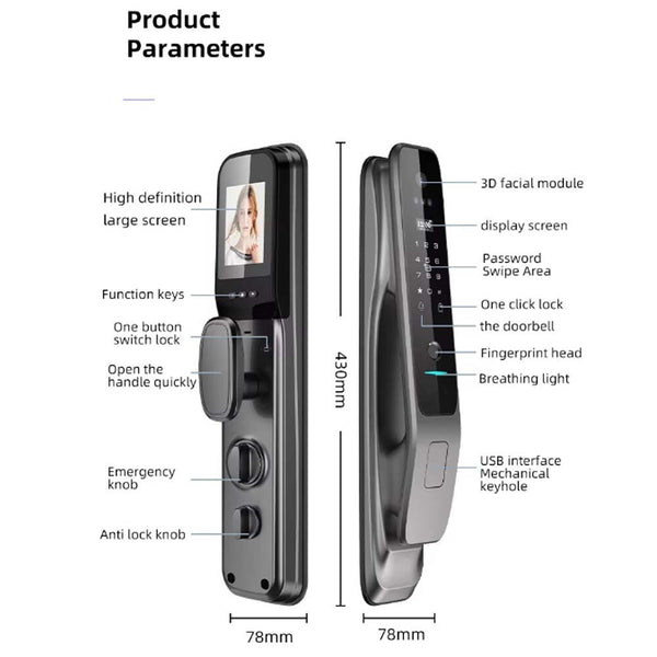Smart Door Lock 3D Face Recognition w/ Video Doorbell Camera WiFi Fingerprint