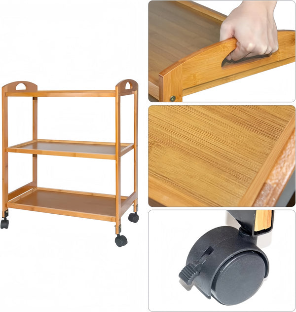 Solid Wood 3 Tier Shelf Serving Table with Wheels Bar Cart Kitchen Storage Cart