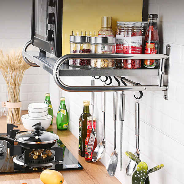 Wall Mounted Microwave Shelf Oven Deck with Hooks Stainless Steel Oven Organizer
