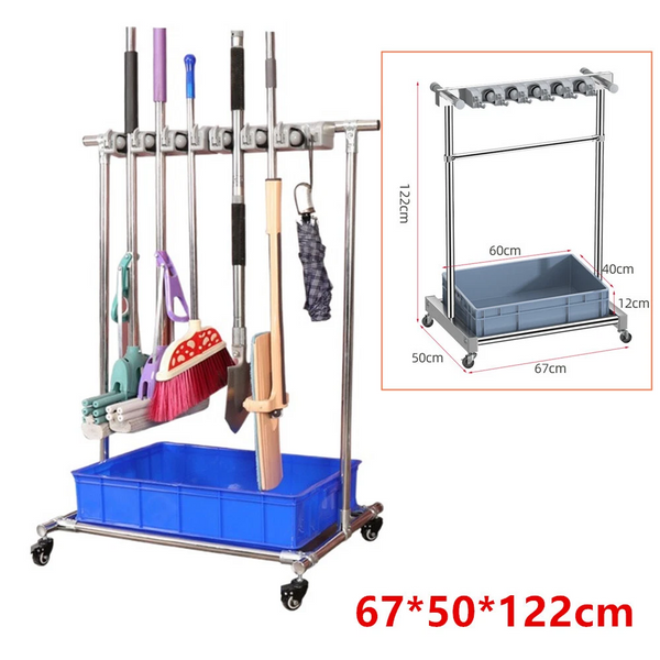 Broom Hanger Mop Holder with Drain basket Movable Mop Rack Cleaning Tool Cart AU