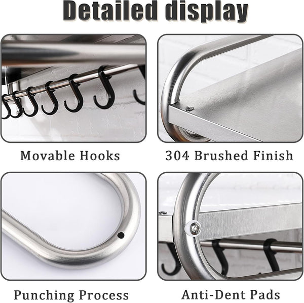Wall Mounted Microwave Shelf Oven Deck with Hooks Stainless Steel Oven Organizer