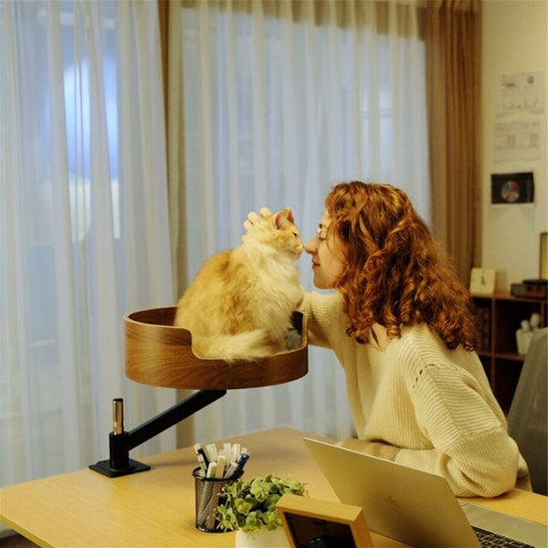 Adjustable Cat Desk Bed Wooden Suspension Desktop Cat Bed For Home Study Rooms